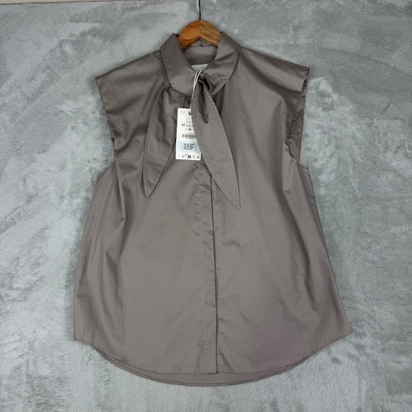 Zara Tops - Zara Tie Neck Sleeveless Poplin Blouse Women M Taupe Grey NEW